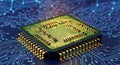 Green CPU chip on digital circuit board technology Royalty Free Stock Photo