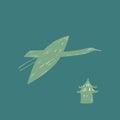 Green crane, japan pagoda, swan, heron bird fly, blue turquoise sky, simple lines doodle hand drawing scandinavian style Royalty Free Stock Photo