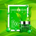 Green cream bottle with silver cap and green leaves on juicy background. Skin care vitamin formula treatment design