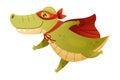 Green Crocodile Animal Superhero Dressed in Mask and Red Cape or Cloak Rushing to Rescue Vector Illustration