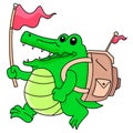A green crocodile boy carrying a bag with a happy face goes on an adventure, doodle icon image kawaii