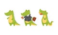 Green Crocodile or Gator Character with Open Mouth and Walking with Briefcase Vector Set