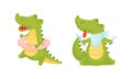 Green Crocodile or Gator Character with Rubber Ring and Holding Knife and Fork Ready to Eat Vector Set