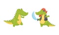 Green Crocodile or Gator Character Running and Playing Pirate Vector Set Royalty Free Stock Photo