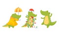 Green Crocodile or Gator Character Walking in Raincoat with Umbrella and Wrapped in Garland Vector Set