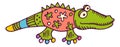 Green crocodile in hand drawn style. Funny soft toy