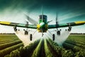 Green crop duster airplane aerially applies pesticide spraying on field. Crop Dusting. generative AI Royalty Free Stock Photo