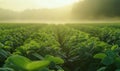Green Crops Field at Sunrise with Dew Royalty Free Stock Photo