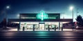 Green cross pharmacy sign glowing with neon light on medicine office facade at night Royalty Free Stock Photo