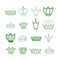 Green Crowns. Tiara. Diadem Sketch crown. Hand drawn queen tiara, king crown. Royal imperial coronation symbols, monarch majestic