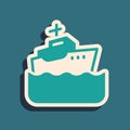 Green Cruise ship icon isolated on green background. Travel tourism nautical transport. Voyage passenger ship, cruise