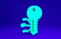 Green Cryptocurrency key icon isolated on blue background. Concept of cyber security or private key, digital key with