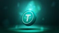 Green cryptocurrency Tether on a dark blurred background. Digital Cryptocurrency poster
