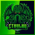 Green Cthulhu grab text esport and sport mascot logo design in modern illustration concept for team badge, emblem and thirst