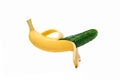 Green cucumber in a banana peel on a white background, isolate. Genetically modified fruit. Image computer collage. The concept of