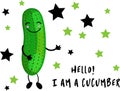 Green cucumber character with arms and legs on a white background. Smiles and eyes on their faces. Funny vegetables Royalty Free Stock Photo