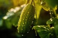 Green cucumber hanging at fresh branches in the morning