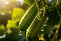 Green cucumber hanging at fresh branches in the morning