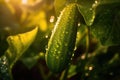 Green cucumber hanging at fresh branches in the morning