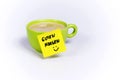 Green cup of coffee, organic coffee, post-it note good morning Royalty Free Stock Photo