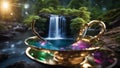 green cup highly intricately detailed of beautiful tranquil image of Russell Falls waterfall landscape in rainbow tea cup