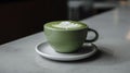 A green cup of matcha latte on a saucer. AI generative image.