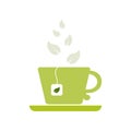 Green cup and saucer-flat icon.A mug with a tea bag and a green leaf. A cup of steamed green tea.Herbal Tea Royalty Free Stock Photo