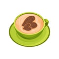 Green cup of tasty cappuccino with latte art in shape hearts of cinnamon powder. Hot morning drink. Flat vector icon Royalty Free Stock Photo