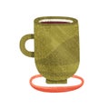 Green cup with tea. Mug of delicious coffee. Hot beverage. Flat vector for menu or advertising flyer. Colorful icon with