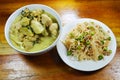 Green curry fish ball with eggplant eat couple with spicy rice noodle Royalty Free Stock Photo