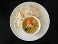 Green curry serve with rice noodle and fresh bean sprout in white ceramic dish on dark table Royalty Free Stock Photo