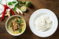 Green curry with shrimp and rice noodles. Thai cuisine. (kang keaw wan).