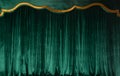 Green curtain of luxurious velvet on the theater stage. Copy space. The concept of music and theatrical art.