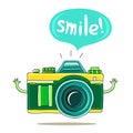 Green Cute camera with his hands and says Smile! Royalty Free Stock Photo