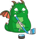 Green cute dragon with hockey stick and puck. Clipart