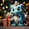 Green cute dragon in holding a box with a New Year\'s gift. illustrative minimalistic image.