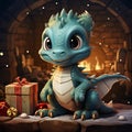 Green cute dragon in holding a box with a New Year\'s gift. illustrative minimalistic image.