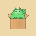 Green cute kawaii cat looks out of the box.