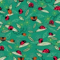 Green cute Ladybugs and leaves seamless pattern background. Cartoon ladybirds flying on dotted route, Summer pattern Royalty Free Stock Photo