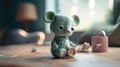 A green cute toy sitting on top of a wooden table. AI generative image.