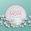 Green cuted circle decorated branch of cherry flowers on white background for mother`s day greeting card