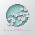 Green cuted circle decorated branch of cherry flowers on white background for mother`s day or women`s day greeting card