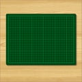 Green cutting mat isolated on wood background.