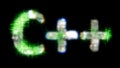 Green cybernetical text C++ with noise distortion, isolated - object 3D illustration