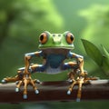 Green cyborg frog in the jungle. A robot treefrog.