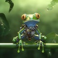 Green cyborg frog in the jungle. A robot treefrog.