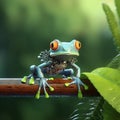 Green cyborg frog in the jungle. A robot treefrog.