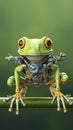 Green cyborg frog in the jungle. A robot treefrog.
