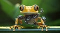 Green cyborg frog in the jungle. A robot treefrog.