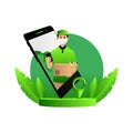 Green cylinder mobile phone with delivery man and pointer design vector